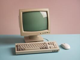 Vintage computer setup with beige monitor, keyboard, and mouse on a pastel blue surface. photo