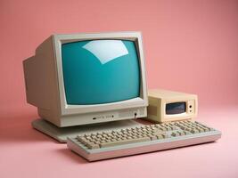 A retro computer setup with a classic monitor, keyboard, and a small additional unit against a pink background. photo
