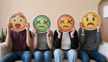 Group of four diverse individuals holding emoji signs reflecting different emotions while seated indoors. photo
