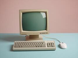 An old computer and keyboard sitting on a table photo