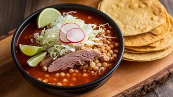 A vibrant bowl of traditional soup with beef, garnished with lime, cabbage, and radish. photo