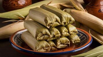 Delicious traditional tamales stacked on a rustic plate with corn husks surrounding. photo