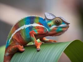 Colorful chameleon perched on a green leaf, showcasing vibrant hues and intricate textures. photo