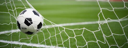 A soccer ball caught in the net, symbolizing victory and excitement in the game. photo