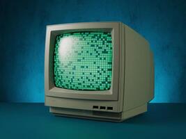 An old computer with green pixels on the screen photo