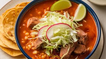 A vibrant bowl of soup with tender beef, fresh toppings, and lime on a light background. photo