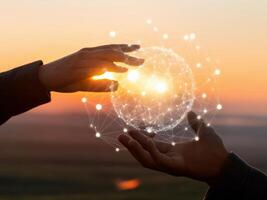 Two hands reaching for a glowing digital globe at sunset, symbolizing connection and innovation. photo