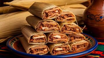 Stack of delicious tamales wrapped in corn husks, featuring flavorful fillings and vibrant colors. photo