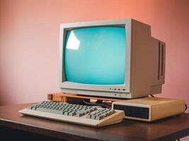 Retro computer setup featuring a vintage monitor and keyboard against a pastel background. photo