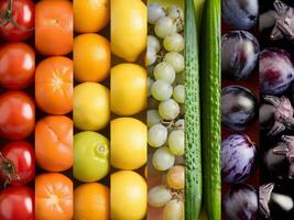 A variety of fruits and vegetables are arranged in a row photo