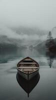 A serene wooden boat floats on a foggy lake, surrounded by misty mountains and tranquil water reflections. photo