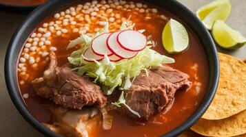 A delicious bowl of hearty soup featuring tender beef, fresh vegetables, and flavorful broth. photo