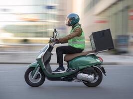 A man in a green jacket and helmet riding a scooter photo