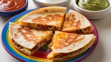 A colorful plate of quesadillas with melted cheese and fresh toppings, served with salsa and guacamole. photo