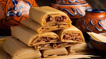 Delicious tamales stacked on a wooden surface with traditional pottery in the background. photo