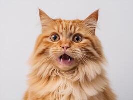 Fluffy orange cat with wide eyes and mouth open, displaying a curious expression against a light background. photo
