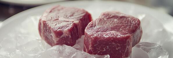 Two pieces of raw meat sitting on top of ice photo