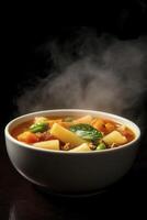 A bowl of soup with steam rising from it photo