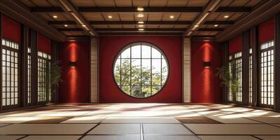 An empty room with red walls and a large window photo