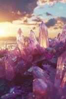 Amethyst crystals on the beach at sunset photo