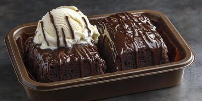 Chocolate brownies in a brown container with ice cream photo