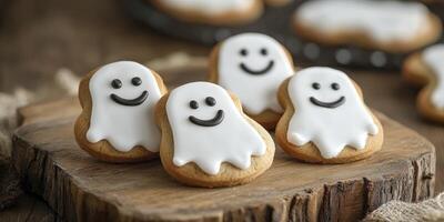Halloween cookies with smiling faces on a wooden table photo