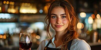 Professional sommelier tasting red wine in a restaurant, smiling and looking at camera photo