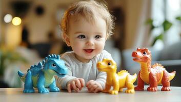 Infant lying face-down on surface, smiling while grasping colorful dinosaur figurines during playful developmental moment photo