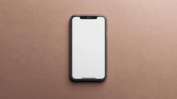 Modern smartphone with blank white screen showing on brown background, perfect for showcasing apps and websites photo