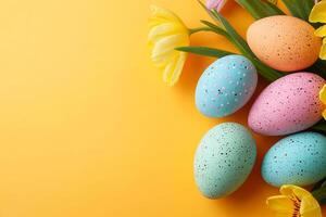 Hand-painted easter eggs arranged on an orange background, creating a vibrant and festive border with ample copy space photo
