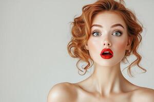 photo of an attractive girl struck by an unexpected reaction to the news, a surprised look highlighted on a light gray background