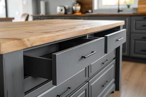 Kitchen island drawers open, displaying smart storage solutions with sleek contemporary design, highlighting efficient home organization photo