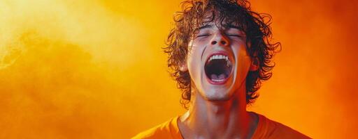 Portrait of a young man with curly hair expressing strong emotions by shouting loudly on a bright orange background photo