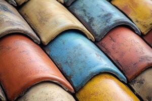Close-up view of overlapping roof tiles showcasing a variety of colors and textures, forming an interesting visual pattern photo