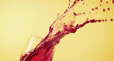 Red wine splashing out of a glass on a vibrant yellow background, creating a dynamic visual photo