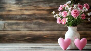 pink flowers blooming in a vase on a rustic wooden table, surrounded by hearts, creating a romantic atmosphere for valentine's day photo