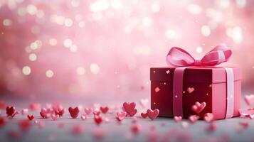 Red gift box with pink ribbon floating amidst falling hearts on a sparkling pink background, creating a romantic valentine's day atmosphere photo