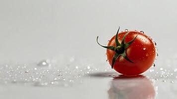 Closeup view of a fresh red cherry with droplets on a smooth surface photo