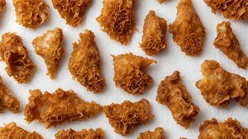 Closeup view of crispy fried chicken pieces arranged on a white surface photo