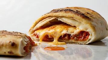 Closeup view of a calzone cut in half revealing gooey cheese and tomato filling photo