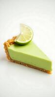 Closeup of a slice of creamy lime pie with a lemon wedge on a light surface photo