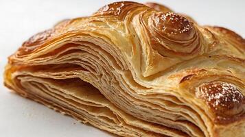 Detailed view of layers in fresh puff pastry showcasing its flaky texture and structure photo
