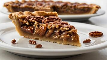 Closeup view of a slice of pecan pie showcasing its rich filling and crust photo