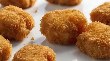Extreme closeup of crispy chicken nugget showcasing its golden texture and details photo