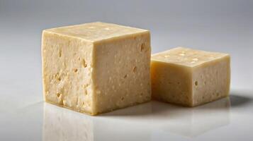 Closeup view of smooth tofu cubes revealing texture and form in detail photo