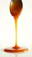 Golden syrup dripping from a spoon against a smooth surface photo