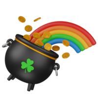 3d render black Cauldron With clover leaf and Rainbow and golden coins out of it illustration png