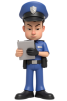 A 3D animated A caucasian man, with short brown hair, wearing a police uniform and black gloves, holding a clipboard, white background png