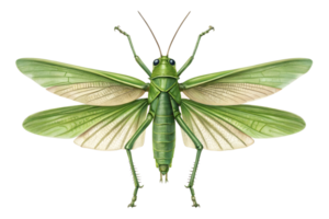 Front view, Green Grasshopper, is spreading its wings and flying, isolated on a transparent background png