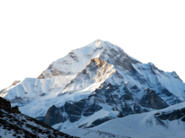 Snowy mountain peak with glaciers and rocks, isolated on a transparent background png